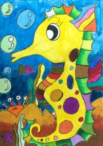 Tara - Seahorse, Oil pastel and poster paint.