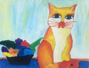 Andrew - Cat and flowers, Acrylic paint.
