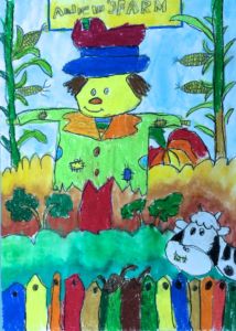 Andrew - My farm's scarecrow, Oil pastel and poster paint.