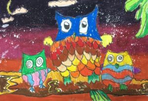 Andrew - Owl, Oil pastel and poster paint.