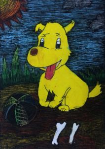 Andrew - Playful dog, Oil pastel, tempera paint.