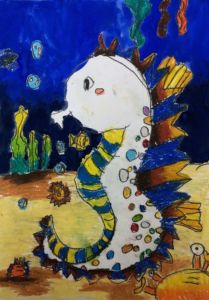 Andrew - Seahorse, Oil pastel and poster paint.