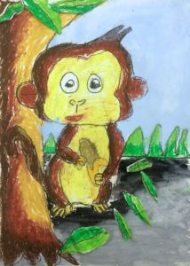 Gabriel - Monkey, Oil pastel and poster paint.