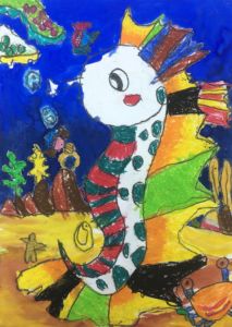 Gabriel - Seahorse, Oil pastel and poster paint.