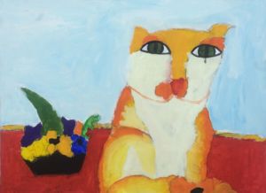 Ian - Cat and flowers, Acrylic paint.