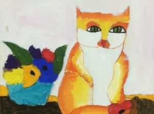 Jayden - Cat and flowers, Acrylic paint.