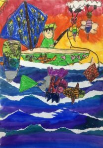 Jayden - Go fishing (2D relief), Oil pastel and poster paint.