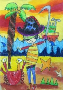 Jayden - Pirate, Oil pastel and poster paint.