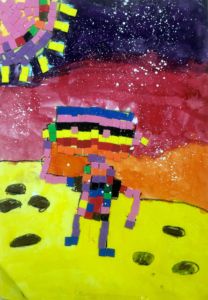 Jayden - Robot, Oil pastel, poster paint and colored foams.