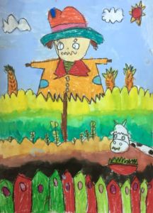 Jayden - Scarecrow, Oil pastel and poster paint.