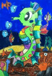 Jayna - Seahorse, Oil pastel and poster paint.