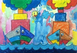 Jordon - Ship, Oil pastel and water color.