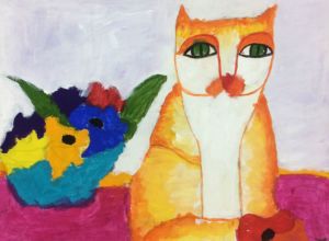 Nicolas - Cat and flowers, Acrylic paint.
