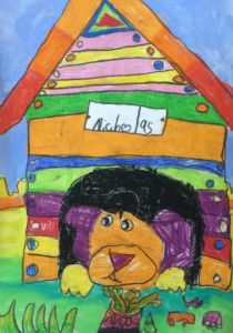 Nicolas - Doggy in his house, Oil pastel and poster paint.