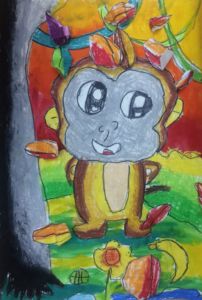 Nicolas - Monkey, Oil pastel and poster paint.