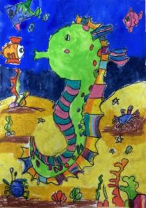 Nicolas - Seahorse, Oil pastel and poster paint.