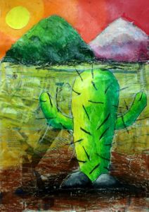 Sen Hei - Cactus, Mixed media (newspapers and oil pastel).