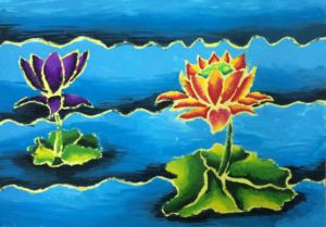 Yi Qing - Lotus, Oil pastel and poster paint.